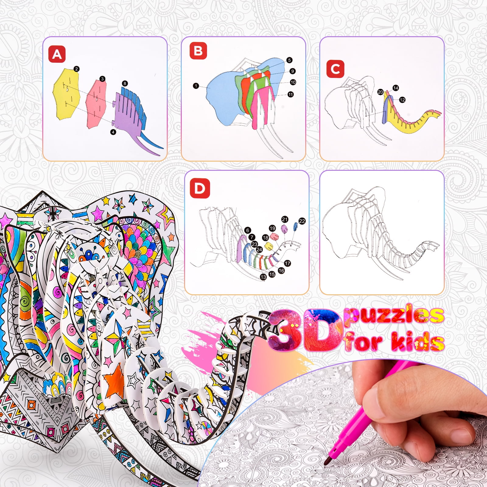 Arts Crafts for Kids Ages 6-8-12, 7 Sets Mandala 3D Coloring Puzzles, Art Supplies for Kids 9-12 DIY 3D Puzzles for Kids Ages 3-5 4-8, Crafts for