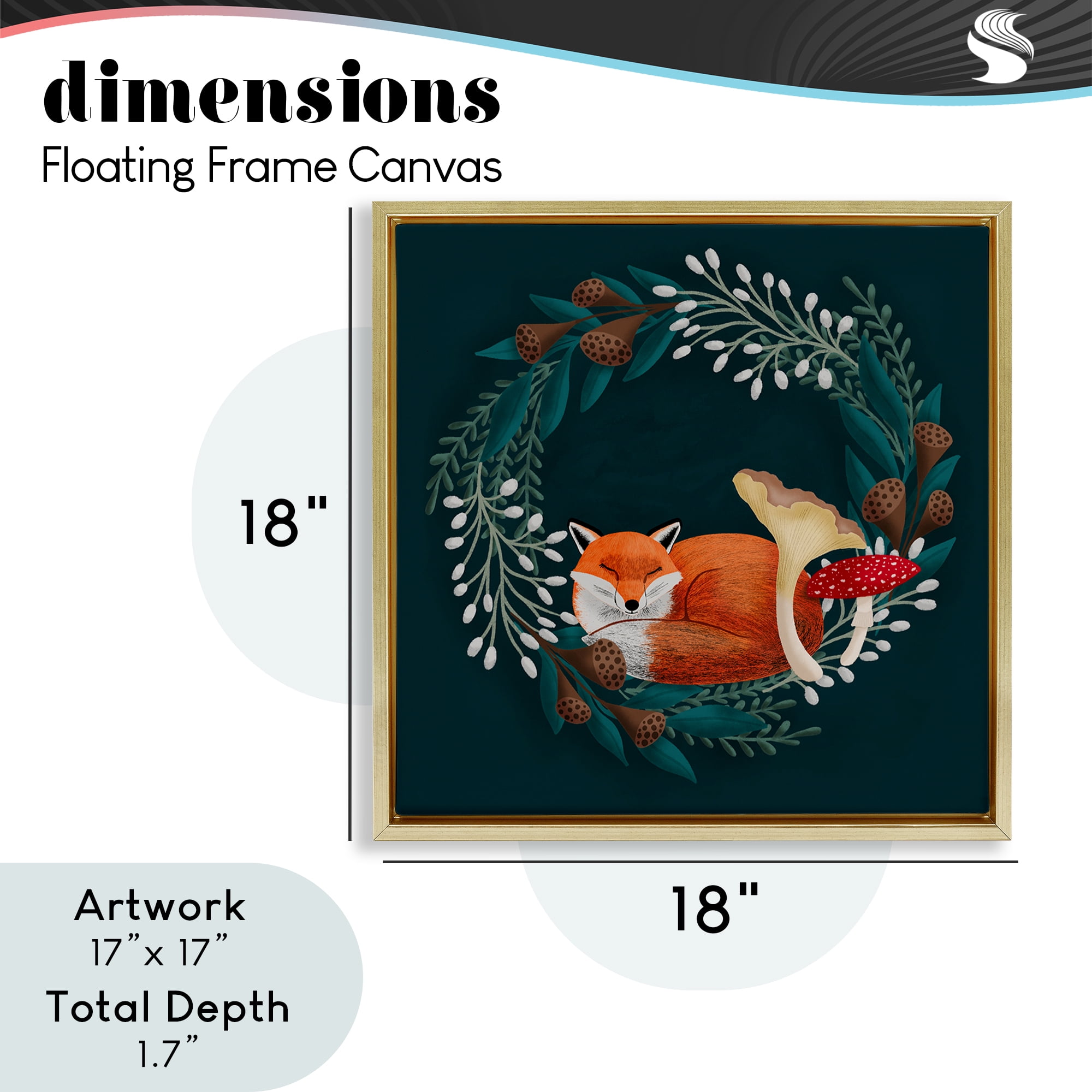 Sleepy Fox in Botanical Wreath Gold Framed Floater Canvas Wall Art, design by Metka Hiti