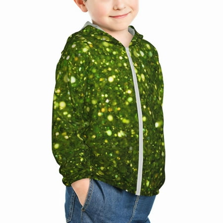 

Uemuo Green Glitter Sparkle Pattern Rash Guard for Boys Girls Long Sleeve Swim Shirts UPF 50+ UV Sun Protection Hooded Fishing Shirt with Pocket for Kid-18 Months