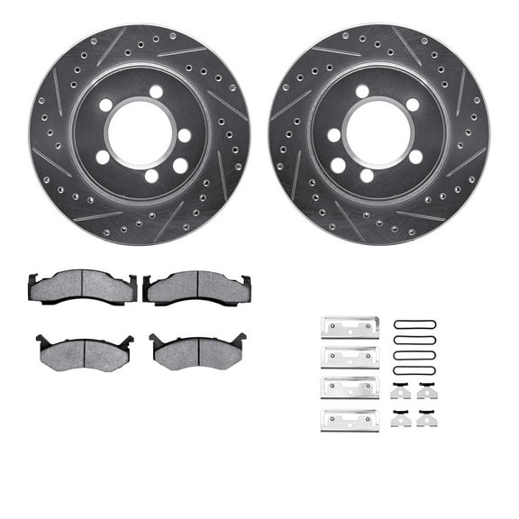 Dynamic Friction Company Front Brake Rotors-Drilled and Slotted-Silver with Heavy Duty Brake Pads includes Hardware 7212-40117