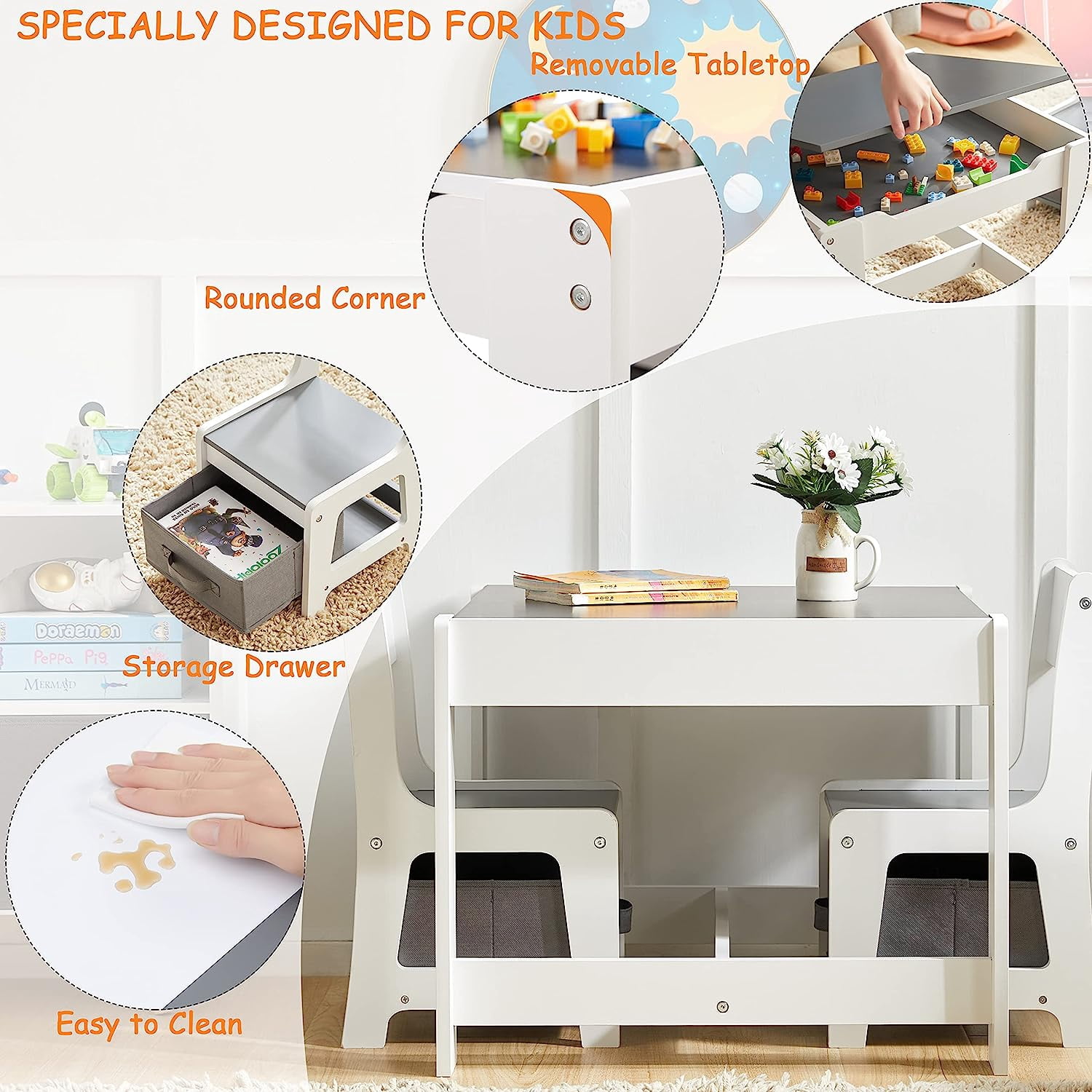 Kids Table and Chair Set, 3 in 1 Wooden Activity Table with Storage Drawer for Toddlers Drawing, Reading, Crafts, 2 in 1 Detachable Tabletop Table Set for Nursery, Playroom