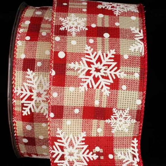 The Ribbon People Red and White Snowflakes on Plaid Wired Christmas Craft Ribbon 2.5" x 20 Yards