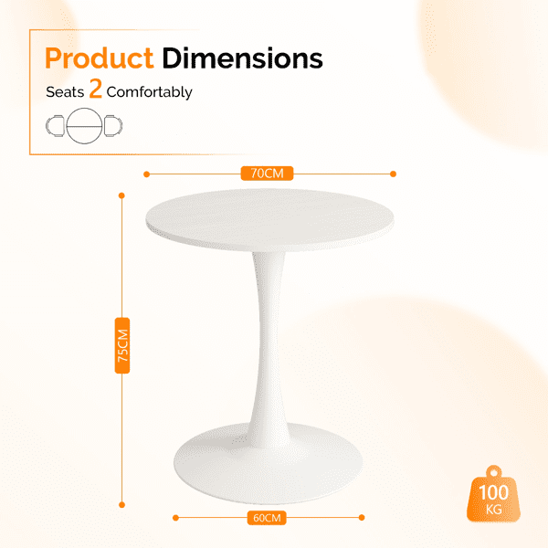 Round Tulip Dining Table, 27.6 Inch Circular Kitchen Table for 2 People, Melamine Laminated MDF Tabletop with Metal Pedestal Base, Easy Assembly Breakfast Table for Dining Room, Apartment, White