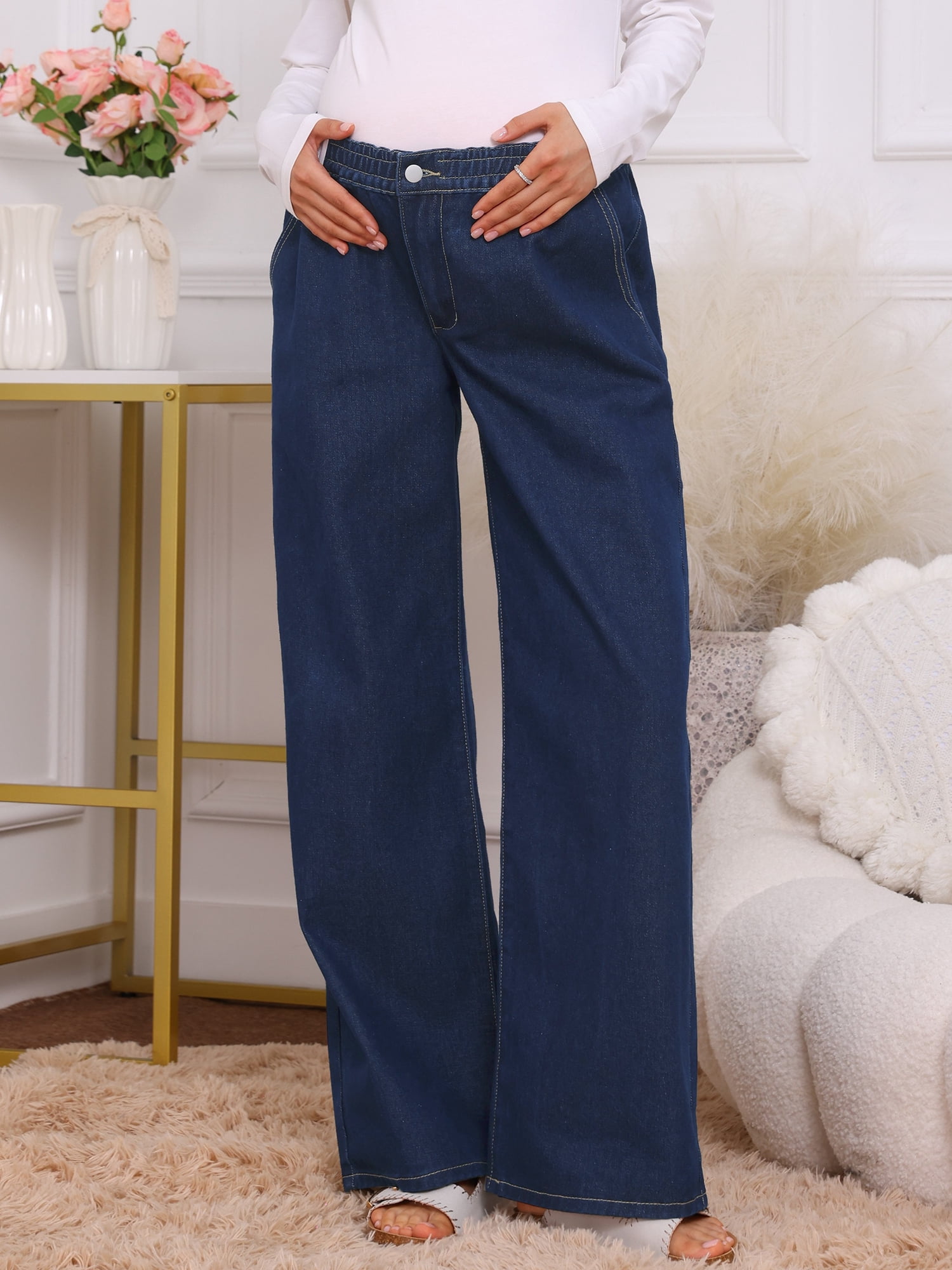 DARING DIVA Women's Maternity  Wide Leg Loose Middle Waist Denim Pants 2XL Deep Blue