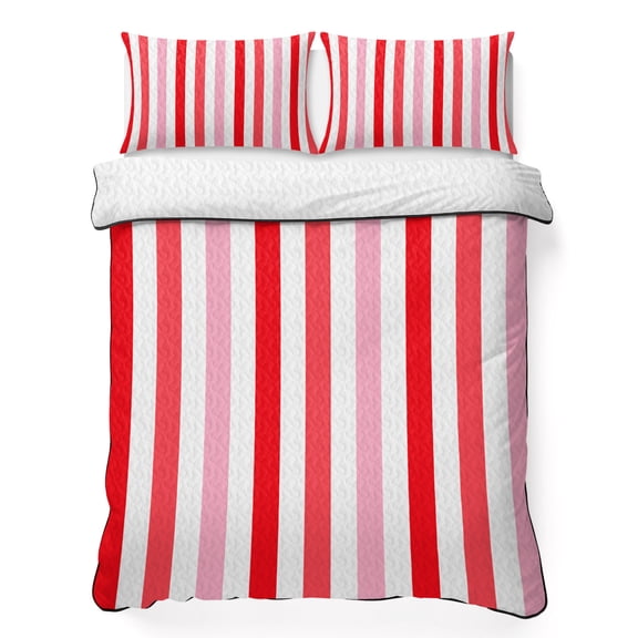 Queen Quilt Set 90''x96'', Red Pink Stripe Lightweight Summer Bedspread Coverlet Set with 2 Pillow Shams, Geometric White Vertical Striped Breathable All Season Quilt Bedding for Bedroom/Guest Room