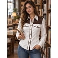 thumbnail image 4 of Women White and Brown PU Leather Splicing Button Down Blouse Long Sleeve Western Patchwork Shirt, 4 of 5
