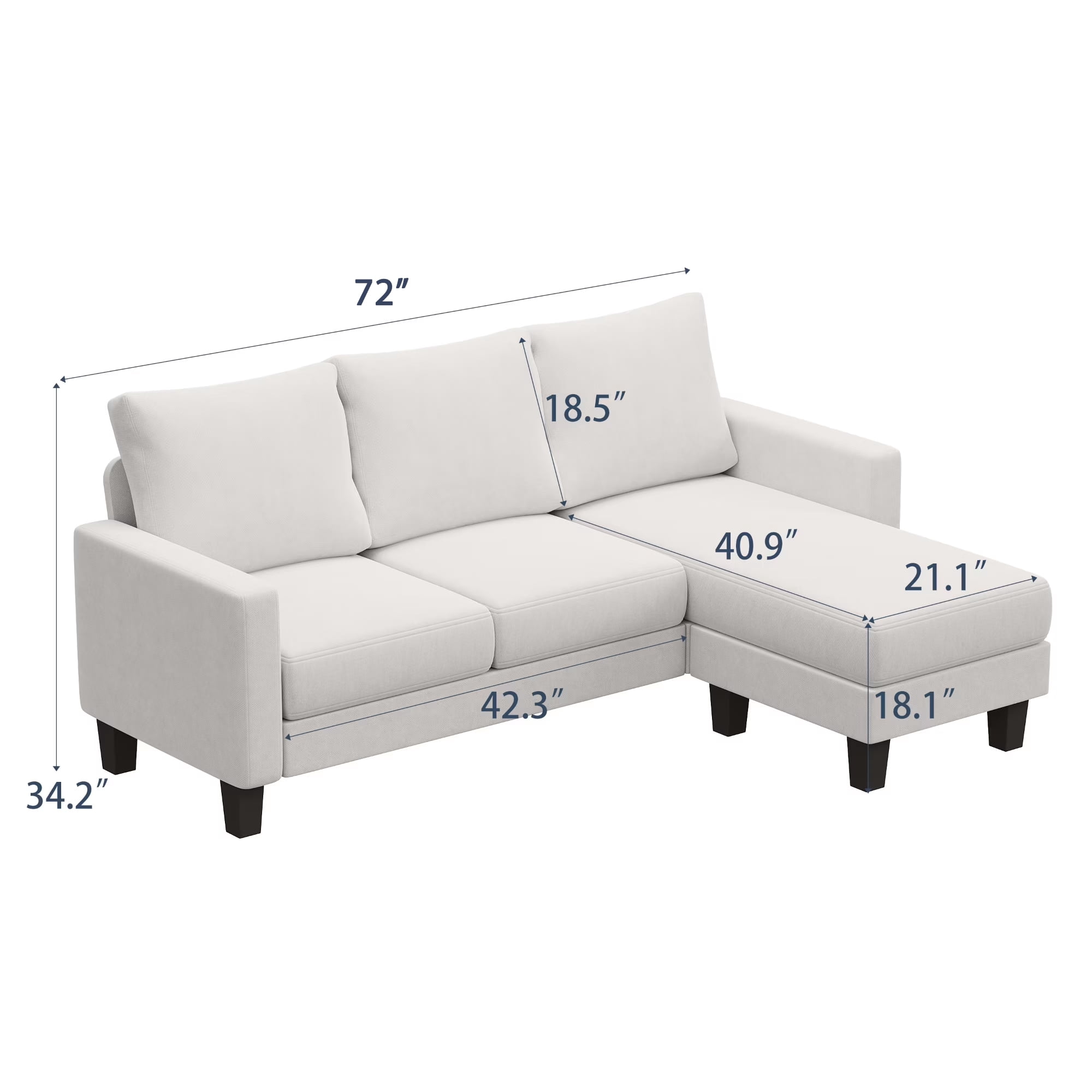 Vineego 72" L-Shaped Sectional Sofa with Ottoman Ergonomic Support Sofa Couch for Small Spaces Living Room, Apartment,White
