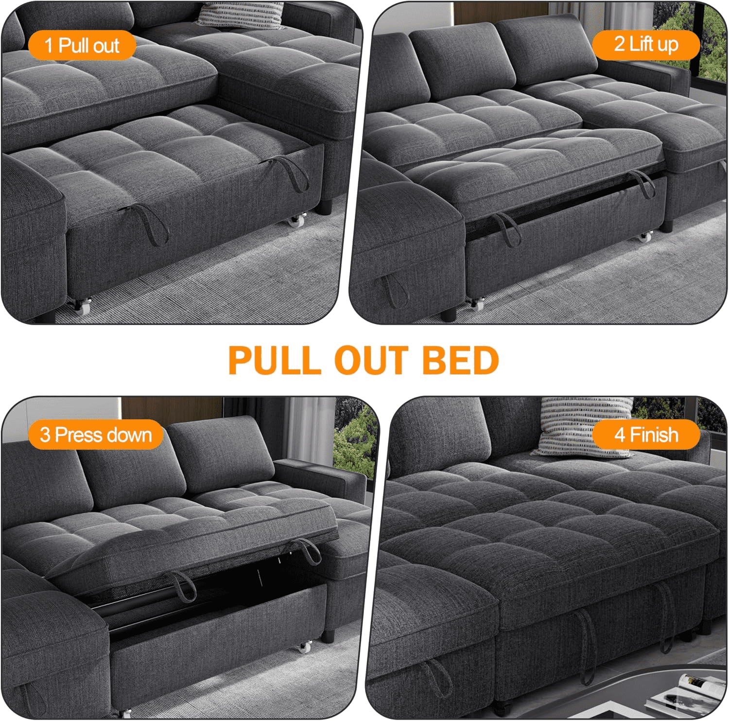 Sunny Heart Modular U - Shaped Chenille Sleeper Sofa with Pull - Out Bed, USB Ports, Adjustable Backrest & 2 Storage Seats, Tool - Free Assembly, Dark Grey for Living Room