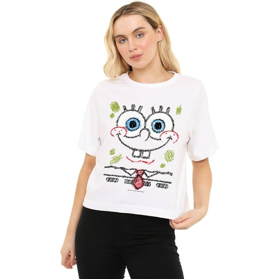 Spongebob Squarepants Spongebob Scribble Smile Women's Boxy Cropped T-Shirt Casual Graphic Tee