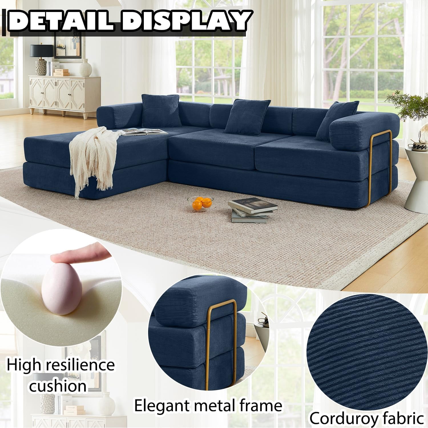 Ywen 108" Modular Sectional Sofa,Futon Convertible Sofa Bed,Oversized Corduroy Boneless Couch for Living Room,Floor Loveseat Sleeper with Pull Out Bed,Free Combination,No Assembly Required (Blue)