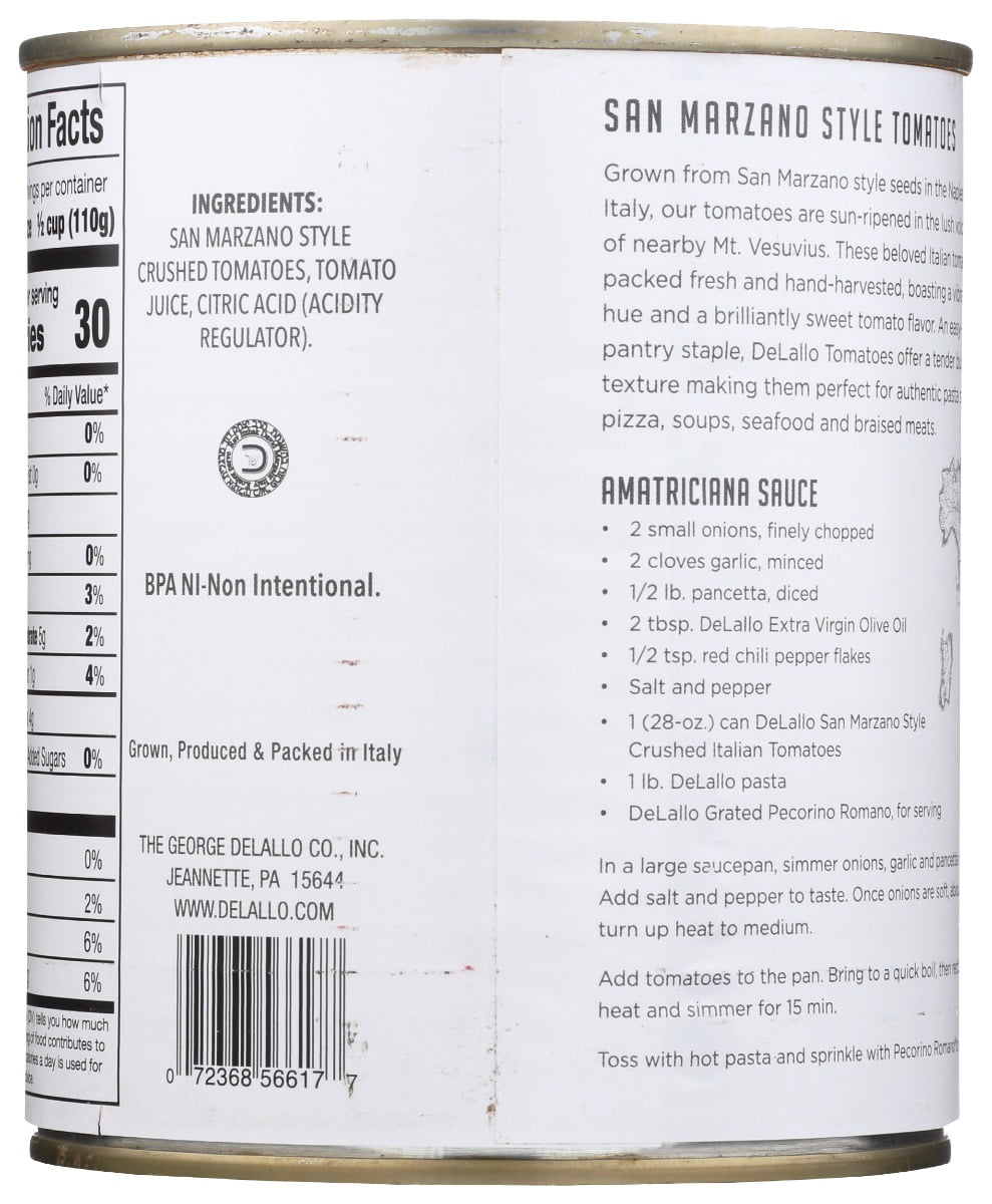 Delallo San Marzano Style Italian Crushed Tomatoes, 28 oz Pack Of 12
