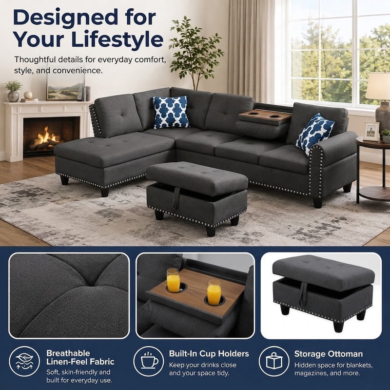 98" L-Shaped Sectional Sofa with Storage Ottoman, 4-Seat Linen Upholstered Modular Couch with Left Chaise, Drop-Down Backrest with Cup Holders, Nailhead Trim, 3-Piece Sofa Set for Living Room, Office