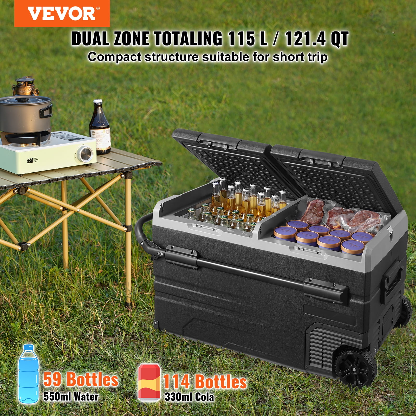 VEVOR Car Refrigerator, 12 Volt Car Refrigerator Fridge, 115 L Dual Zone Portable Freezer with Wheels and Handle, -4℉-68℉, 12/24V DC and 100-240V AC Compressor