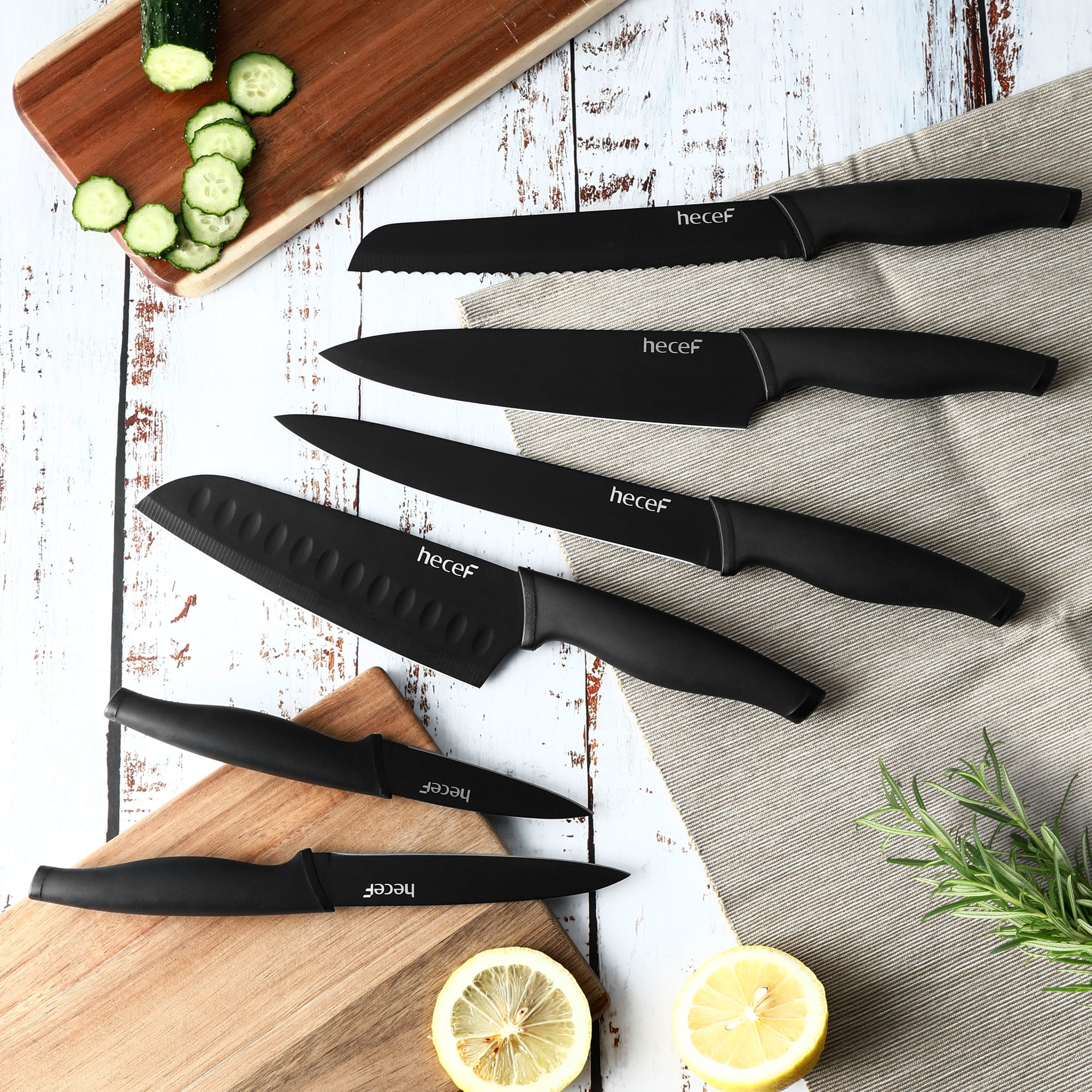 Hecef 12Pcs Black Knife Set Japanese Chef Santoku Utility Knife with  Sheaths