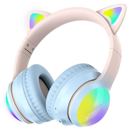 Kid Odyssey Cat Ear Kids Bluetooth Headphones for Grils Boys, LED Lights up,85/94dB Volume Limited,50H Playtime,Bluetooth 5.3,AUX Cable,USB C,Wireless over Ear