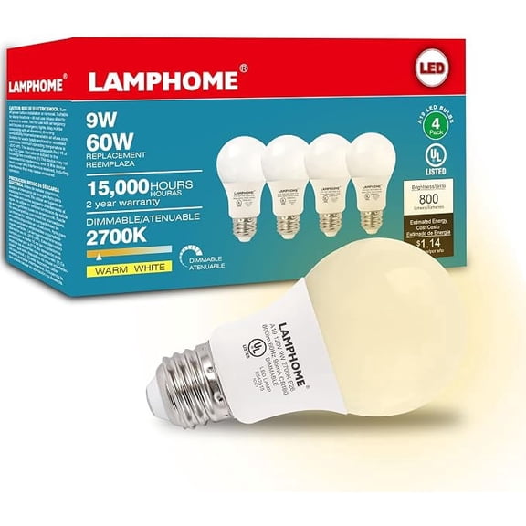 LAMPHOME 4‑Pack Soft White LED Light Bulbs, 60W Equivalent 9W, 2700K, E26 Base, 15000‑Hour Long Lifespan, LED Bulbs for Bedroom and Living Room