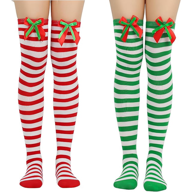 2 parejas Mujeres de la rodilla Calles altos para la Navidad por mucho tiempo sobre medias de rodilla con arco y bolas esponjosas para mujeres disfraz de fiesta de navidad de Halloween