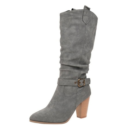 KELINFONG Women s Mid Knee High Boots Heel Slouchy Metal Buckle Side Zipper Fashion Winter Shoes