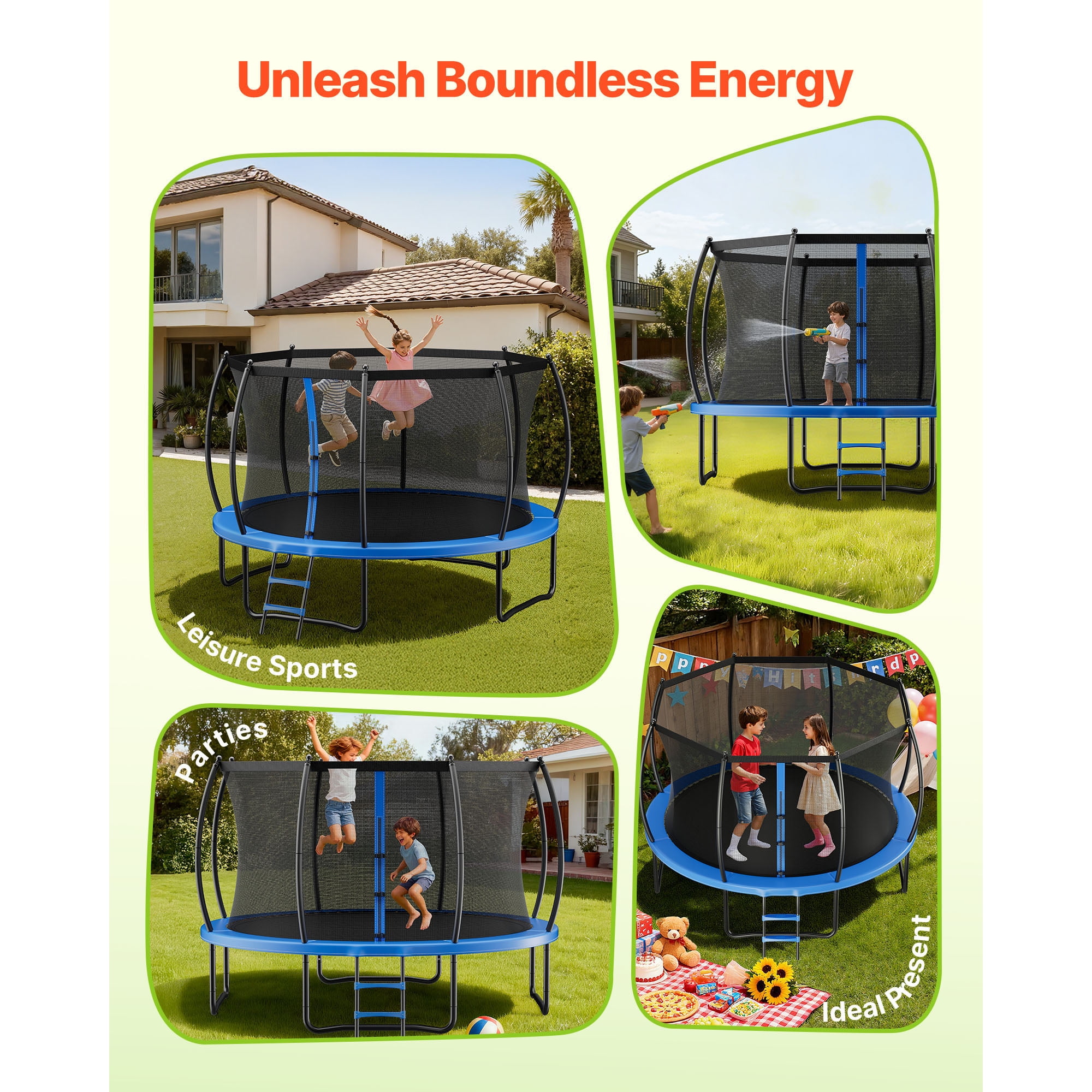 KFFKFF 14FT Outdoor Trampoline with Safety Enclosure, Durable Recreational Trampoline for Kids and Adults, ASTM Certified, 450 lbs Weight Limit, Rust-Resistant Design for Backyard Use