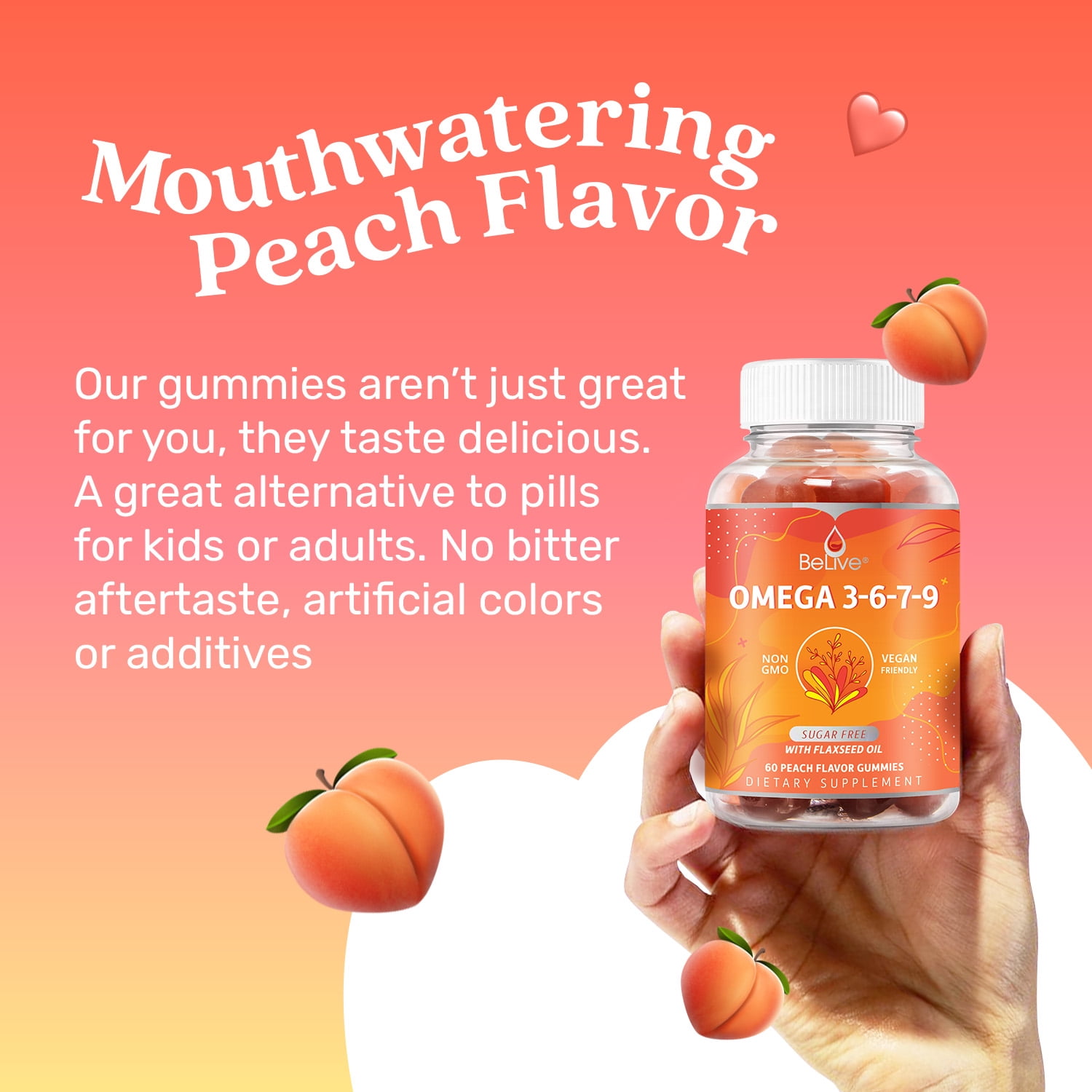 BeLive Omega 3 Gummies with Omegas 6, 7, & 9. Sugar-Free, Supports Brain, Heart, Eye & Immune System, For Adults & Kids, Peach Flavored