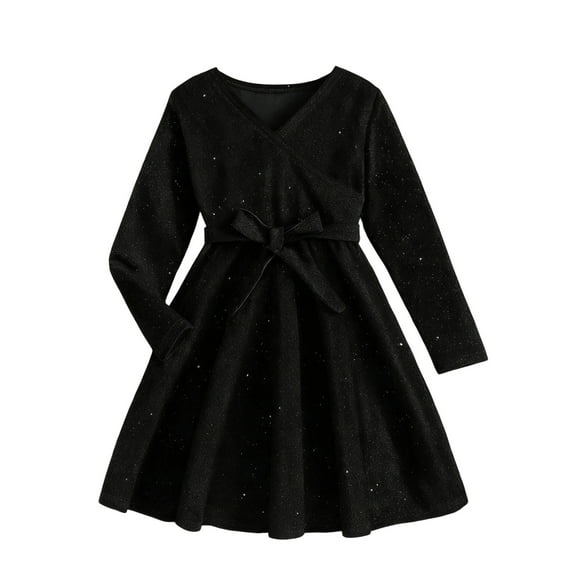 Girls Long Sleeve Velvet Dress with Sparkle Details A Line Party Gown for Kids with Adjustable Waist Tie and Soft Lining