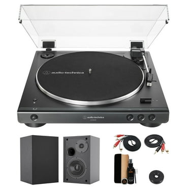 Audio-Technica AT-LP60XBT Fully Automatic Bluetooth Belt-Drive Stereo Turntable (Black) with 45 rpm Adapter, 4 Inch Bookshelf Speakers (Pair) and Waith Record Cleaning Kit (Essential Bundle Set)