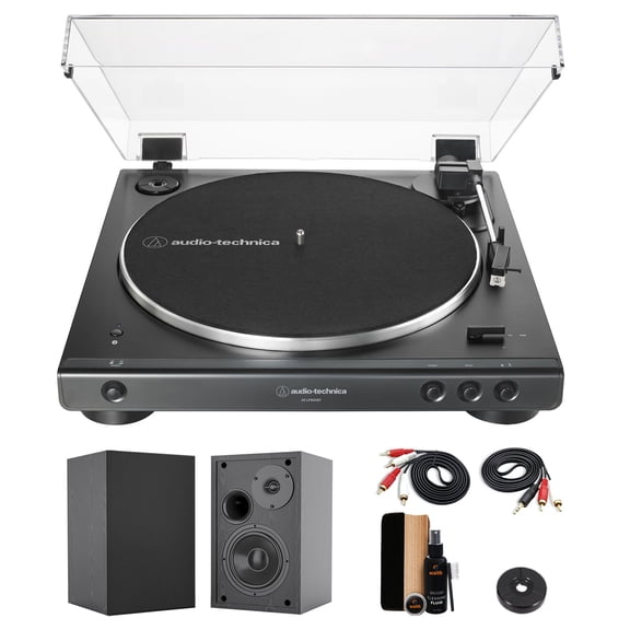 Audio-Technica AT-LP60XBT Fully Automatic Bluetooth Belt-Drive Stereo Turntable (Black) with 45 rpm Adapter, 4 Inch Bookshelf Speakers (Pair) and Waith Record Cleaning Kit (Essential Bundle Set)