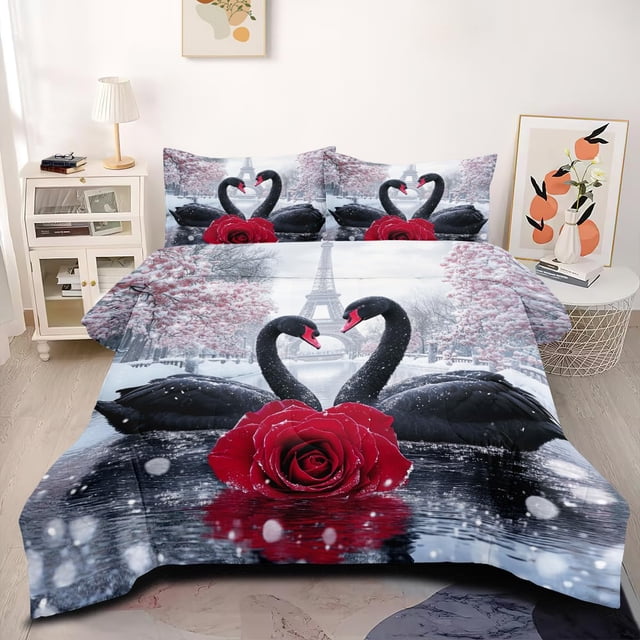 Juego de edredón CoutueChen con forma de cisnes negros y rosas, tamaño doble, 3 piezas