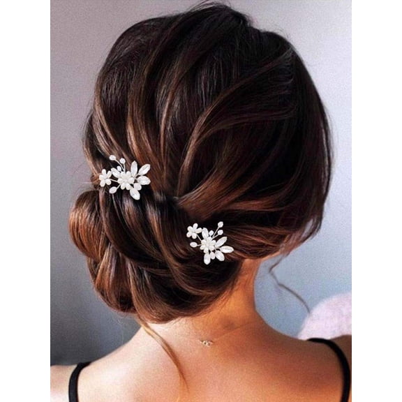 Bride Wedding Hair Pins Silver Crystal Bridal Hair Accessories Pearl Flower Hair Pieces for Women and Girls(Pack of 2) (Silver)