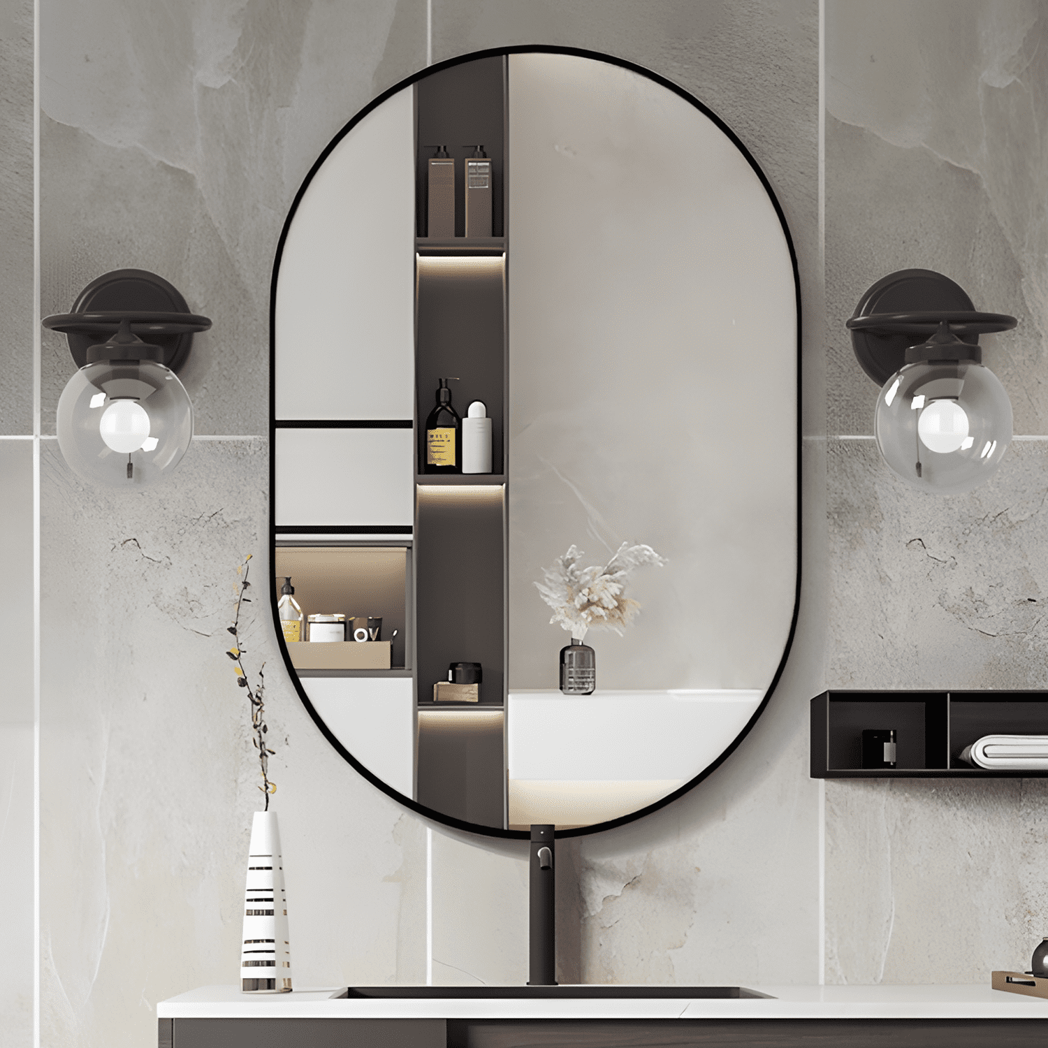 CISTEROMAN Oval Bathroom Mirror Capsule Wall Vanity Mirror, 24"x36" Pill Mirrors Wall Mounted Mirror, Large Modern Mirror with Black