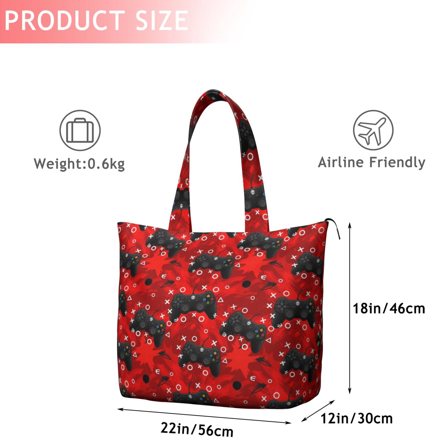 Black Controllers Games Icons Red Pattern Travel Tote Bags for Women Carry On,Large Weekender Bags for Women Travel,Multi Functional Duffle Bag for Work,Shopping,Sports