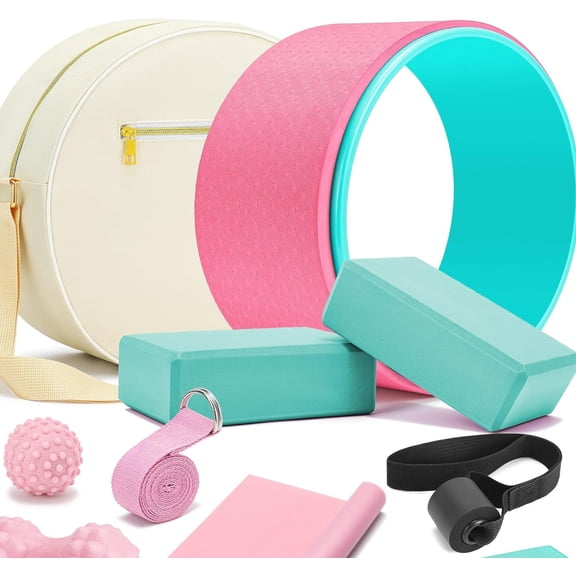 Yoga Wheel Set, Foam Roller Wheel for Back Pain & Stretching, Yoga Blocks with Strap, Massage Ball for Deep Tissue, Yoga Starter Kit