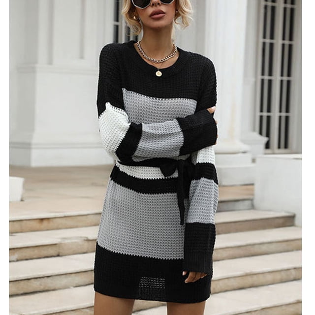 Sweater Dress, Fashionable Pullover Sweater Dress Round Neck Loose Color Block Polyester Fiber For Dating For Autumn For Holiday ANGGREK gris claro L