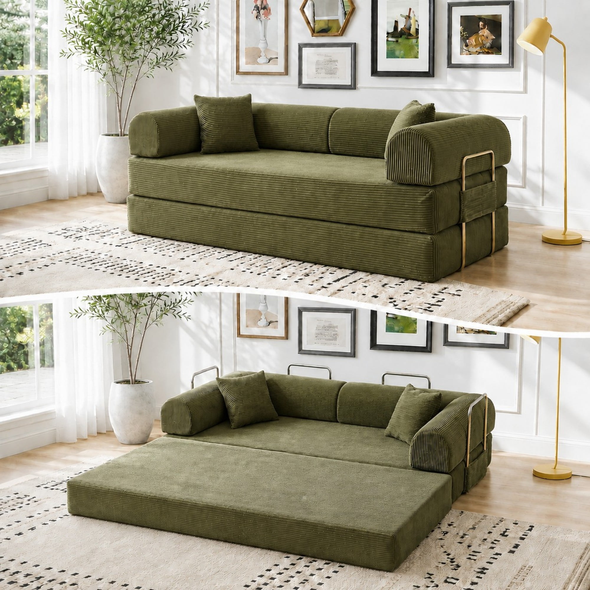DEALTOPS 79 Convertible Corduroy Floor Sofa Bed Modular Sleeper Couch with Memory Foam Green