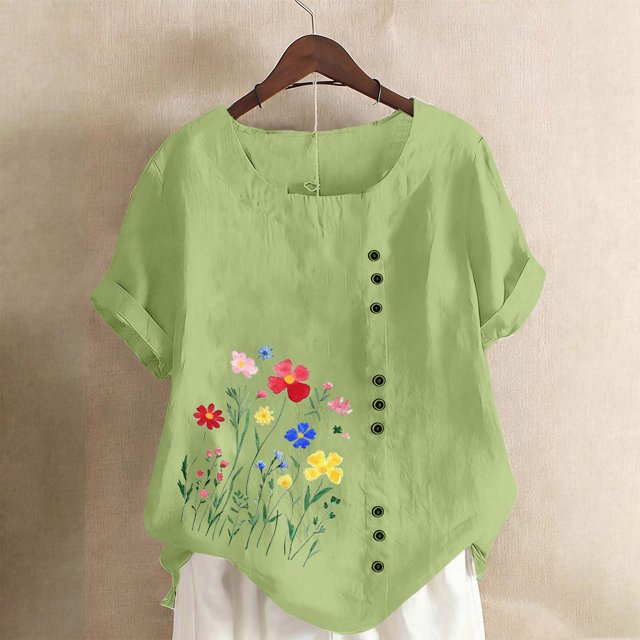 Xuyuer Women's Spring And Summer Block Print Round Neck Button Short Sleeve Casual T-Shirt