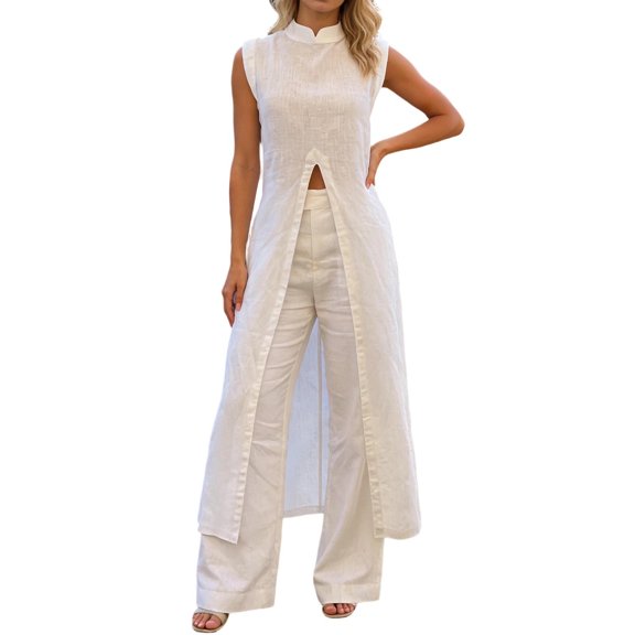 IWRICH Linen Set for Women Elegant Resort Stand Neck Front Slit Midi Top and Elastic Waist Loose Pants Sets White XL
