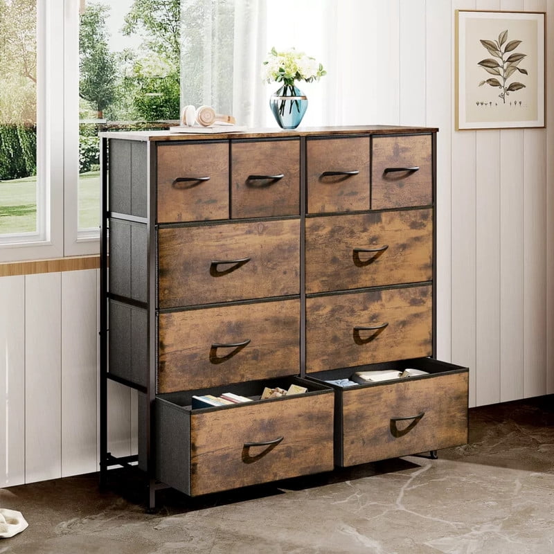 Kelno 10 Drawers Fabric Cabinet Metal Frame Wide Wood Top Tall Storage Tower TV Stand Clothes Organizer for Bedroom Living Room,Rust Brown
