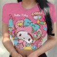thumbnail image 1 of RWJDXD Chemises Décontractées d'Été pour Femmes Mode Urbaine Manches Courtes Crop Tops Imprimé Chat Hello Kitty Col Rond Ajusté T-Shirts, 1 of 5