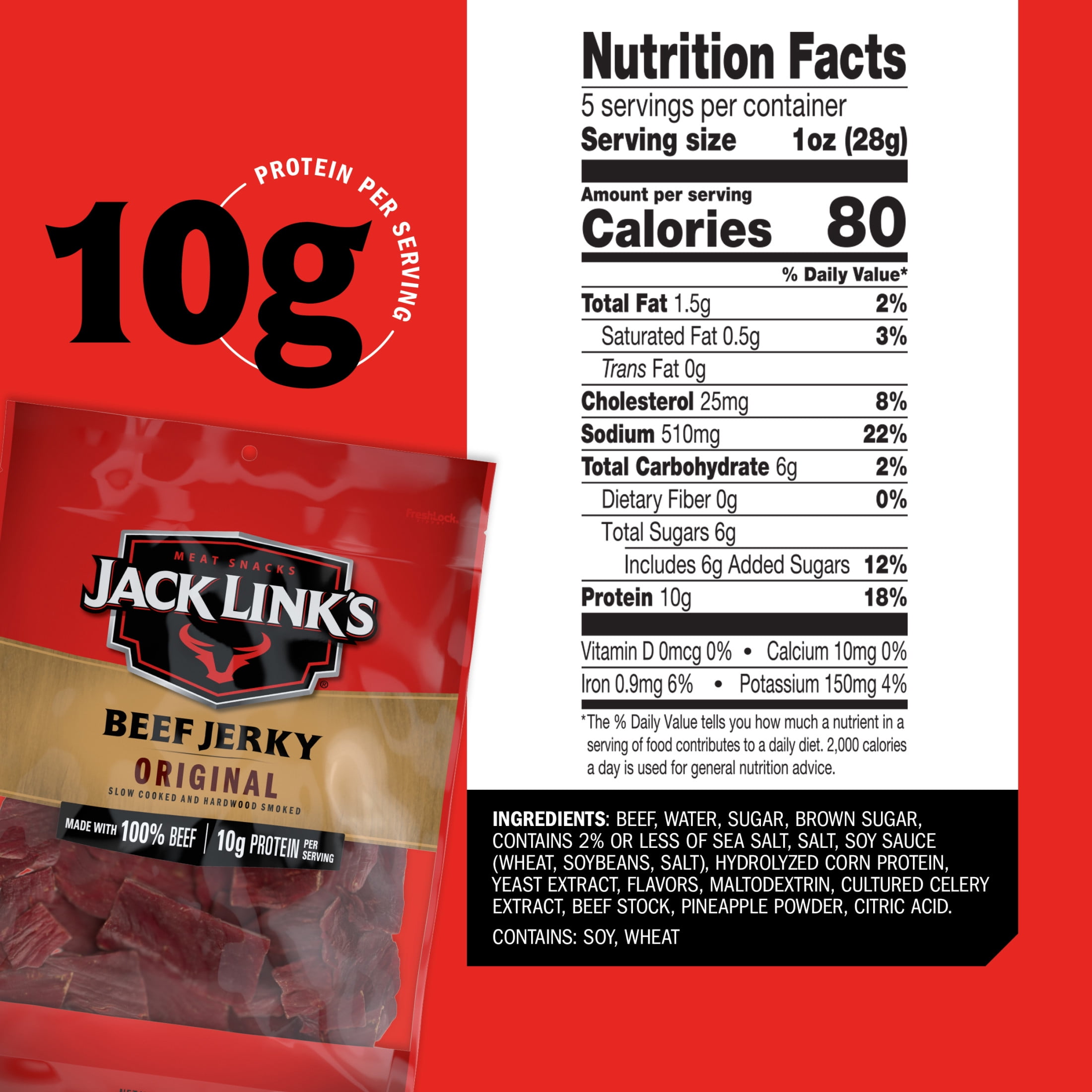 (8 pack) Jack Link’s Beef Jerky, Original, Made with 100% Beef, 10g of Protein per Serving, 5 oz, Resealable Bag
