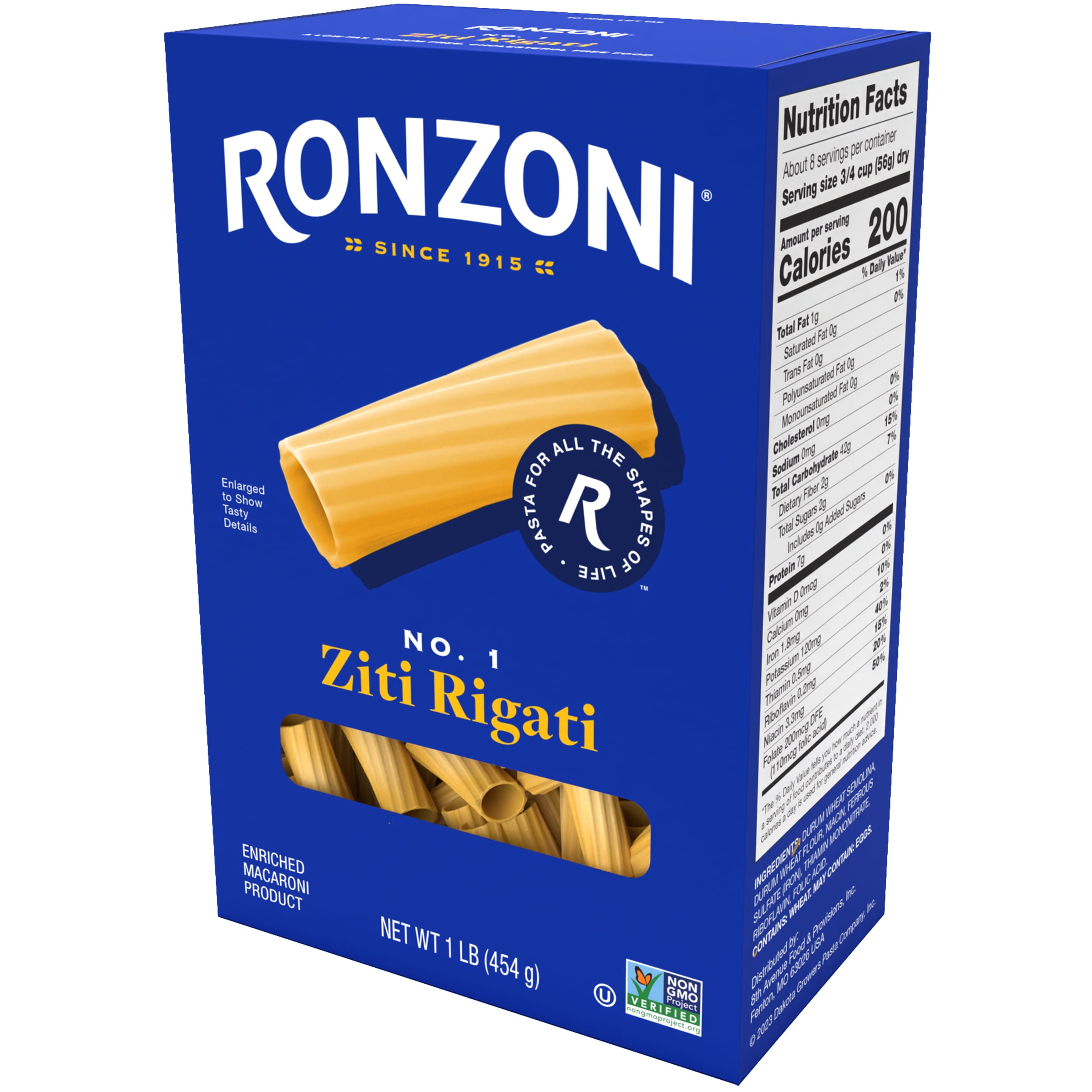 (2 pack) Ronzoni Ziti Rigati, Ridged Tubed Pasta, Non-GMO, (Shelf Stable), 16 oz