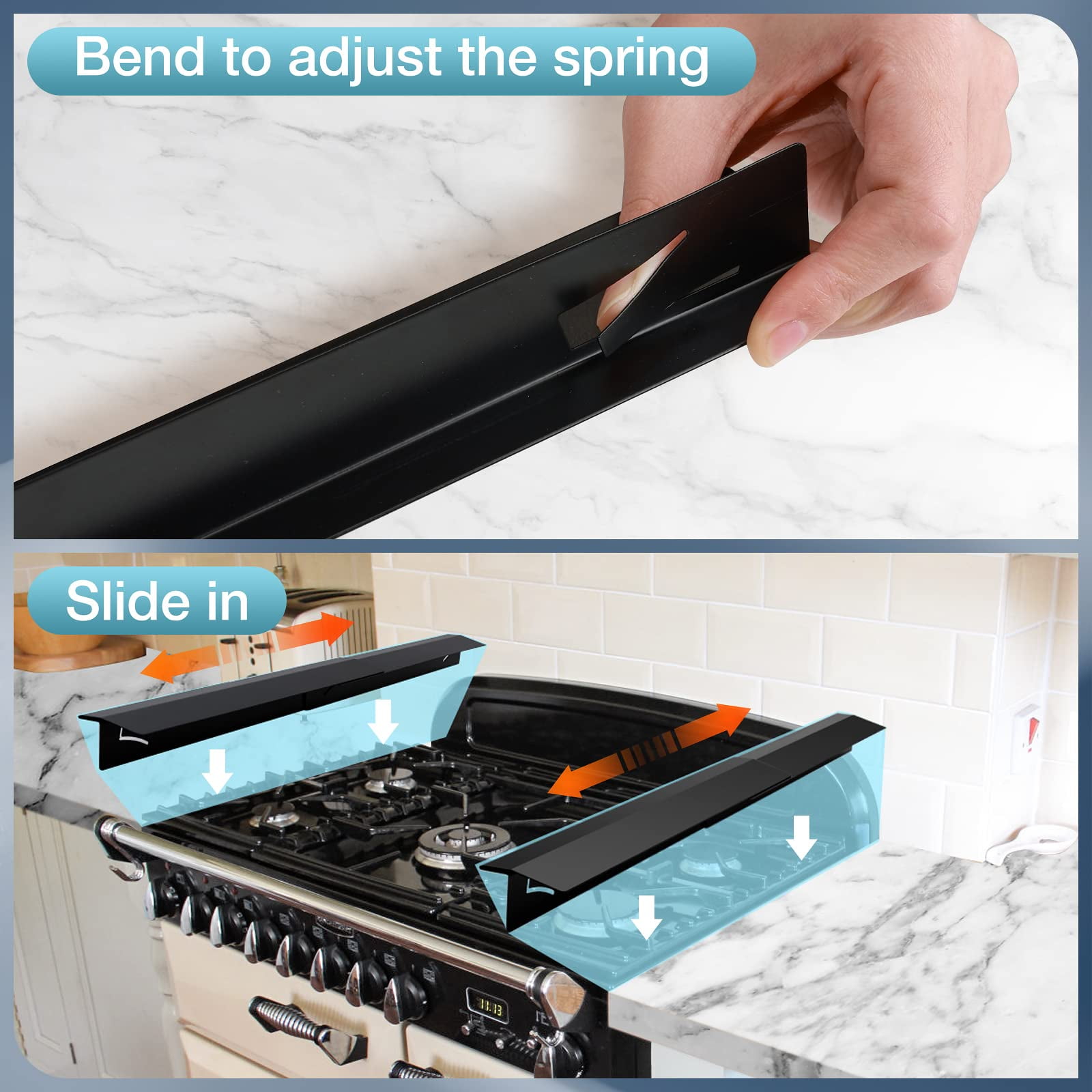 2 PCS Stainless steel Stove Gap Cover, Kitchen Counter Filler Strip,Easy Retractable Length 13.8"-27.5"， Cooktop Trim Kit，Oven Gap Filler，Heat Resistant Guard Between (Black)
