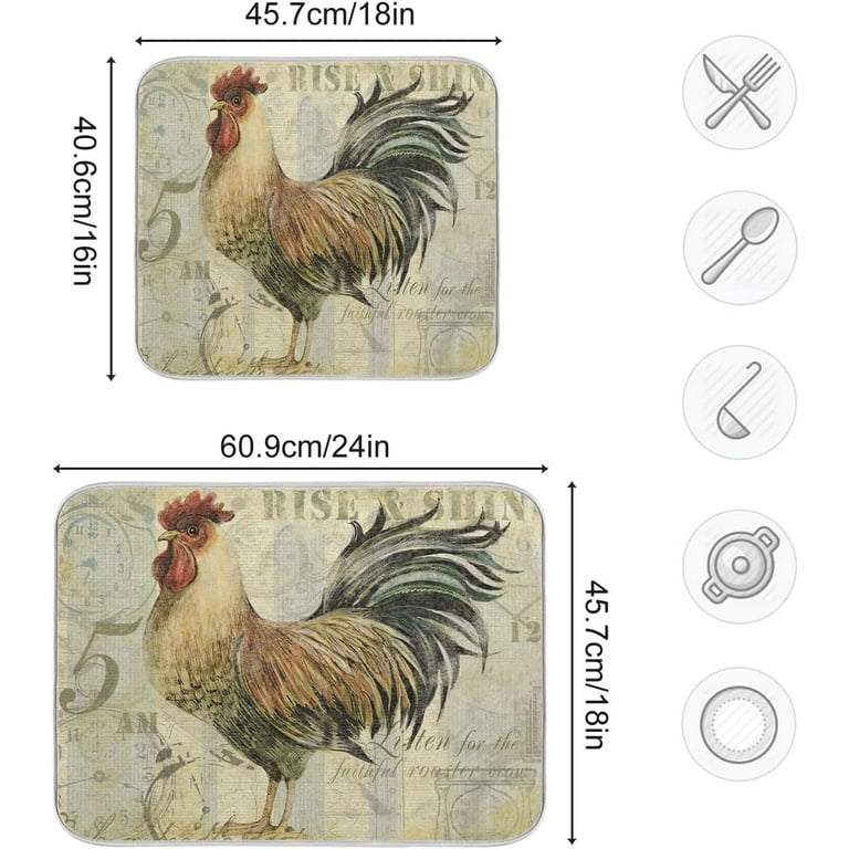Farmhouse Rooster Dish Drying Mat 18x24 inch Absorbent Microfiber Vintage  Chicken Dish Mat Drainer Rack Mats Fast Dry Kitchen Accessories, Large Mat