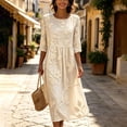 thumbnail image 4 of Ahabrexf Summer Dresses for Women, Floral Embroidered 3/4 Sleeve Round Neck Casual Midi Dress for Beach Vacation Wear, 4 of 7