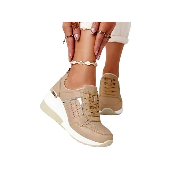 SIMANLAN Wedge Sneakers for Women Breathable Platform Casual Lace-up Shoes Khaki 4