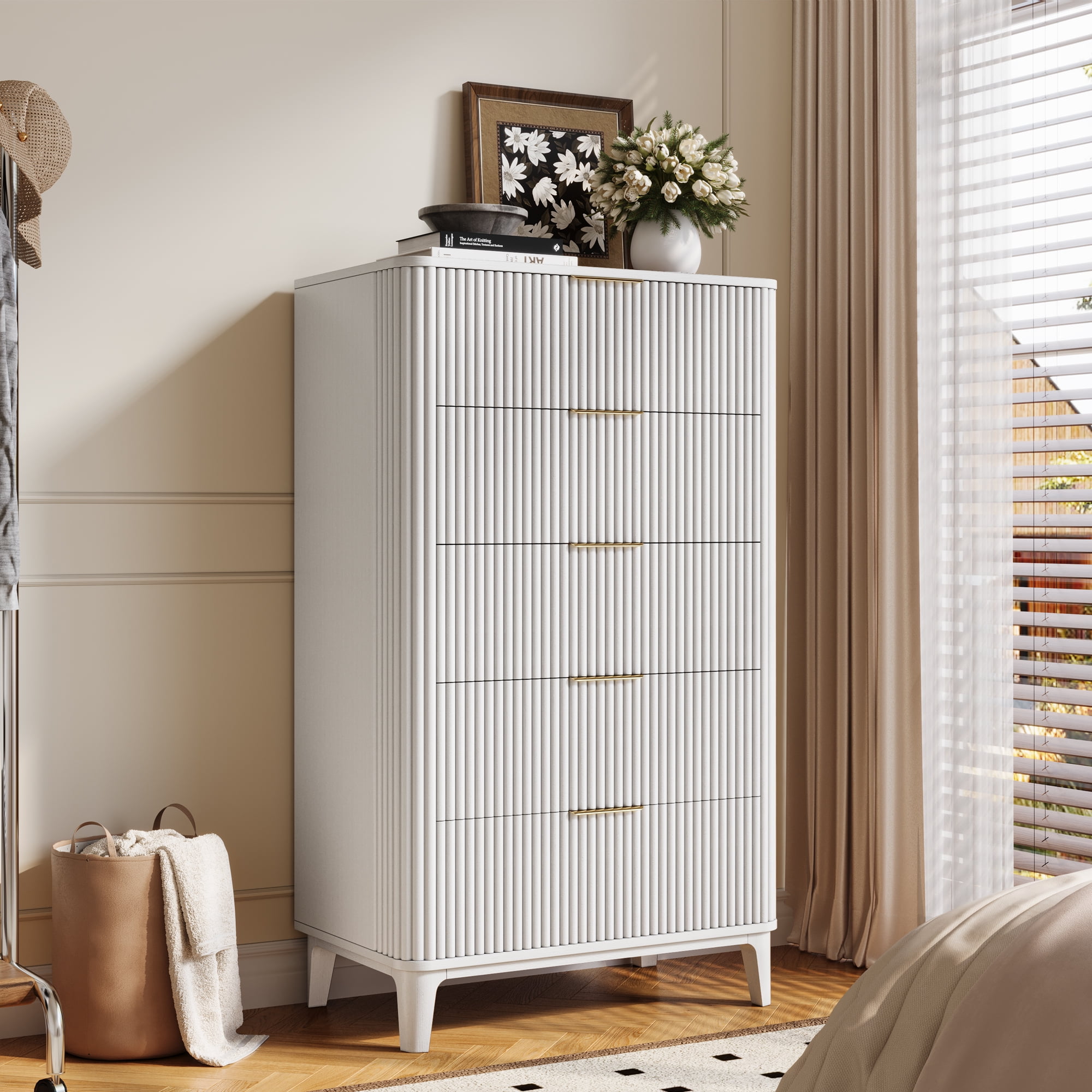 TOKSOM 5 Drawer Dresser, Modern Minimalist Tall Chest of Drawers, White Wood Clothing Organizer with Fluted Design & Gold Handles for Bedroom