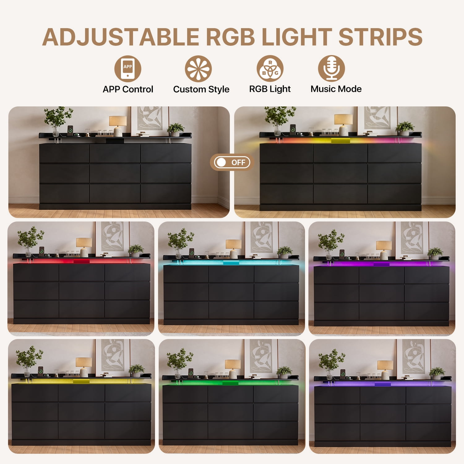 BaPiPro 63-Inch Black 9 Drawer Dresser, Modern High Gloss Chest with LED Light & Glass Tabletop, Large Capacity Storage Cabinet for Bedroom or Living Room