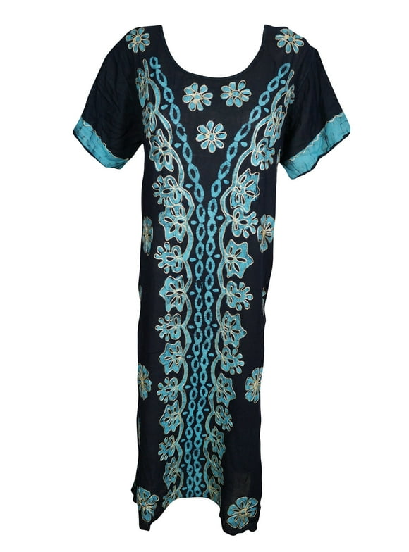 Mogul Women Flare Dress Batik Embroidered Short Sleeves Beach Resort Wear CasualDresses L
