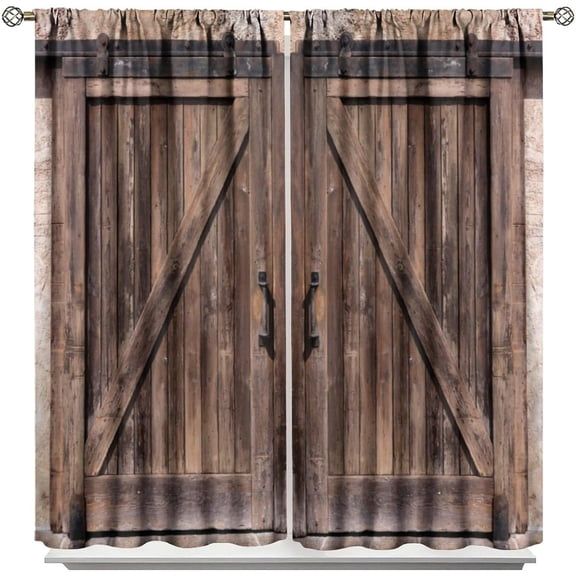 2 Panels Farmhouse Barn Door Tier Curtains, Rustic Wood Print Rod Pocket Light Filtering Short Window Drapes for Kitchen Decor