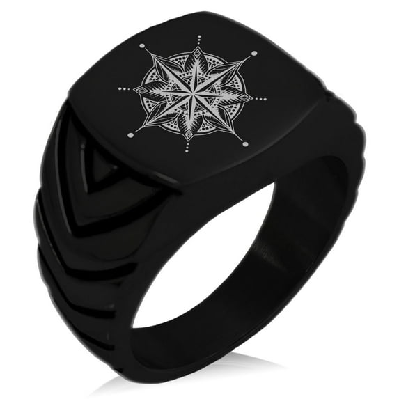 Stainless Steel Nautical Mandala Lotus Compass Chevron Pattern Biker Style Polished Ring