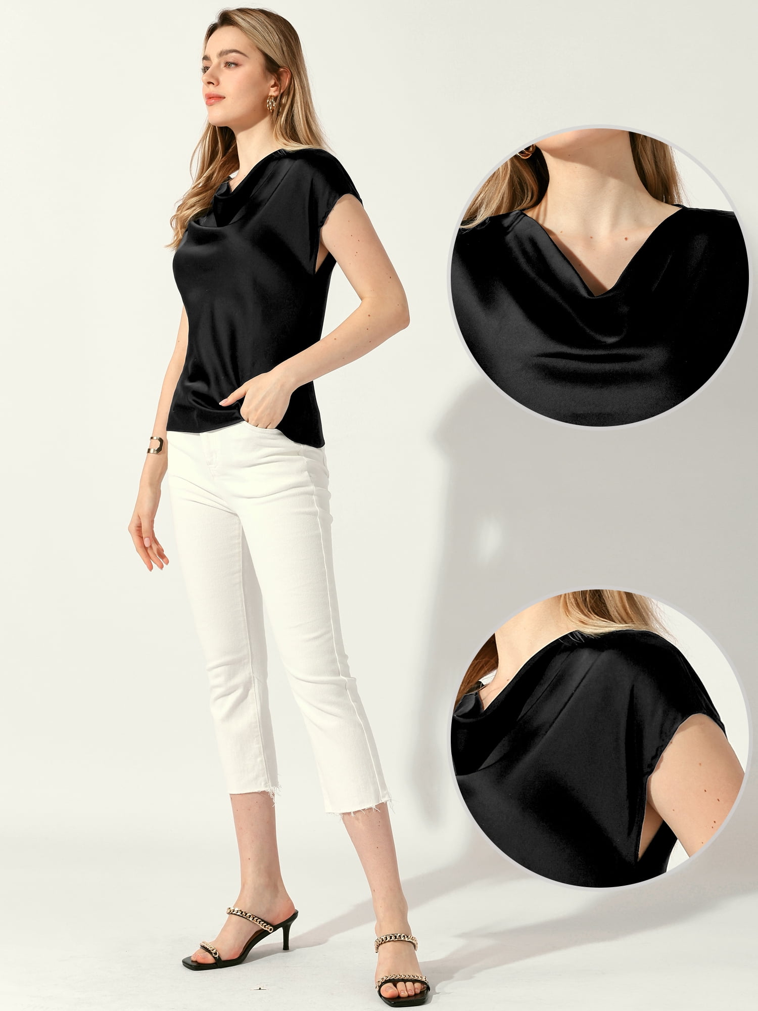 DARING DIVA Women's Satin Cowl Neck Short Sleeve Casual Blouses S Black